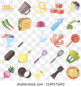 Set Of 25 icons such as Pizza, Pepper, Oil, Coconut, Radish, Olives, Octopus, Spatula, Ice cream, Pretzel, Mug, web UI transparent icon pack, pixel perfect