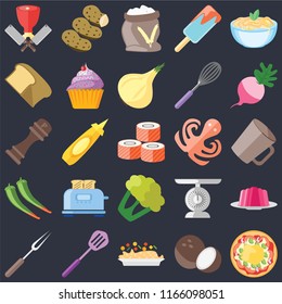 Set Of 25 icons such as Pizza, Coconut, Risotto, Spatula, Fork, Radish, Octopus, Cauliflower, Pepper, Bread, Flour, Potatoes on black background, web UI editable icon pack