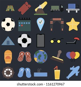 Set Of 25 icons such as Plane, Cocktail, Swimming pool, Flip flops, Helm, Starfish, Sunglasses, Globe, Sun protection, Ball, Mountains, Tickets on black background, web UI editable icon pack