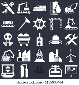 Set Of 25 icons such as Planning, Machine press, Conveyor, Silo, Oilfield, Digger, Cargo truck, Conveyor on black background, web UI editable icon pack