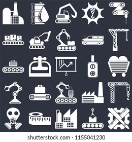 Set Of 25 icons such as Planning, Conveyor, Factory, Measure, Gas mask, Crane, Switch, Robot arm, Digger, Oil on black background, web UI editable icon pack