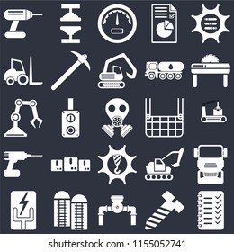 Set Of 25 Icons Such As Planning, Bolt, Pump, Silo, Electricity, Saw, Elevator, Machinery, Drill, Forklift, Gauge, Machine Press On Black Background, Web UI Editable Icon Pack