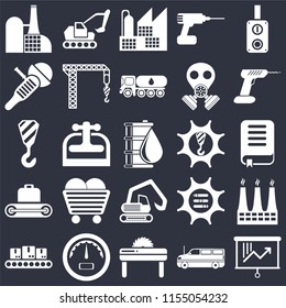 Set Of 25 icons such as Planning, Cargo truck, Saw, Gauge, Conveyor, Drill, Machinery, Digger, Sanding machine, Factory, Excavator on black background, web UI editable icon pack