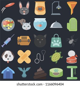 Set Of 25 icons such as Platform, Pet bed, Poop, Bird, house, Glove, Shopping bag, Leash, Dog, Fish food, Cat Rabbit on black background, web UI editable icon pack