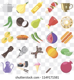 Set Of 25 icons such as Pomegranate, Fork, Ice cream, Sushi, Teapot, Doughnut, Fig, Gingerbread, Pepper, Peas, Mustard, Onion, web UI transparent icon pack, pixel perfect