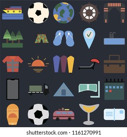 Set Of 25 icons such as Postcards, Cocktail, Minivan, Ball, Sun protection, Swimming pool, Sunbed, Tent, Phone, Forest, Globe, Ball on black background, web UI editable icon pack