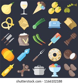 Set Of 25 icons such as Potatoes, Ice cream, Pot, Gingerbread, Mustard, Bread, Fork, Pumpkin, Pretzel, Glass on black background, web UI editable icon pack