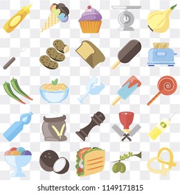 Set Of 25 icons such as Pretzel, Olives, Taco, Coconut, Ice cream, Toaster, Pepper, Water, Fork, Cupcake, web UI transparent icon pack, pixel perfect