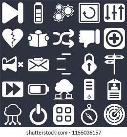 Set Of 25 icons such as Radar, Compass, Menu, Switch, Cloud computing, Add, Lock, Fast forward, Dislike, Settings, Battery on black background, web UI editable icon pack