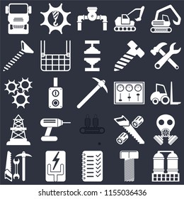 Set Of 25 icons such as Refinery, Bolt, Planning, Electricity, Tools, Control panel, Conveyor, Oilfield, Screw, Pump, Machinery on black background, web UI editable icon pack