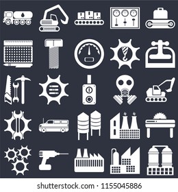 Set Of 25 icons such as Refinery, Factory, Drill, Cogwheel, Machine press, Gas mask, Silo, Settings, print, Conveyor, Digger on black background, web UI editable icon pack