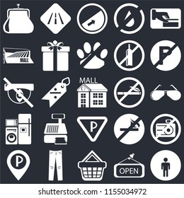 Set Of 25 icons such as Restroom, Open, Shopping basket, Jeans, Parking, No parking, smoking, Electrical appliances, Mall, Slope, Road on black background, web UI editable icon pack