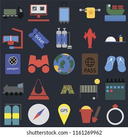 Set Of 25 icons such as Ring, Sand bucket, Gps, Compass, Aqualung, Room service, Passport, Swimsuit, Railway, Snorkel, Suitcases, Booking on black background, web UI editable icon pack
