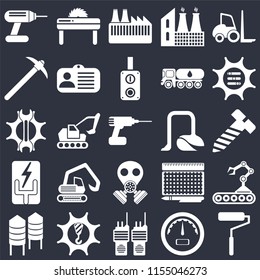Set Of 25 icons such as Roller, Gauge, Walkie talkie, Machinery, Silo, Options, Vacuum, Gas mask, Electricity, Pick, Factory, Saw on black background, web UI editable icon pack