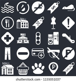 Set Of 25 icons such as Sale, Parking, Pet, Shopping basket, Mall, Warning, Electrical appliances, Cit card, Jeans, Restaurant, No smoking, water on black background, web UI editable icon pack