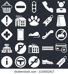 Set Of 25 icons such as Sale, Shoes, No smoking, Junction, Information, Paper bag, Escalator, Mall, Warning, Traffic light, Forbidden on black background, web UI editable icon pack