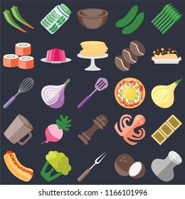 Set Of 25 icons such as Salt, Coconut, Fork, Cauliflower, Hot dog, Risotto, Pizza, Pepper, Mug, Sushi, Bowl, Pickles on black background, web UI editable icon pack