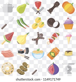 Set Of 25 icons such as Scale, Fig, Fork, Potatoes, Doughnut, Cupcake, Kebab, Pasta, Bacon, Spoon, Butcher, Pear, web UI transparent icon pack, pixel perfect
