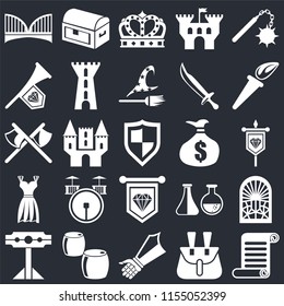 Set Of 25 icons such as Scroll, Belt pouch, Gauntlet, Beer, Pillory, Torch, Money bag, Standard, Gown, Fanfare, Crown, Chest on black background, web UI editable icon pack