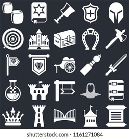 Set Of 25 icons such as Scroll, Tent, Bridge, Tower, Crown, Axe, Bladder pipe, , Poison, Archery, Cup, Spellbook on black background, web UI editable icon pack