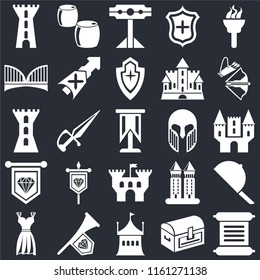 Set Of 25 icons such as Scroll, Chest, Tent, Fanfare, Gown, Crossbow, Armour, Castle, Standard, Bridge, Pillory, Beer on black background, web UI editable icon pack