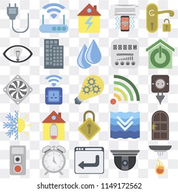Set Of 25 icons such as Sensor, Security camera, Browser, Alarm, Intercom, Smart home, Wifi, Locking, Heating, Smart, Home, Modem, web UI transparent icon pack, pixel perfect