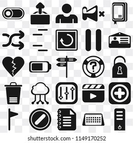 Set Of 25 icons such as Server, Calendar, Notepad, Forbidden, Flag, Id card, Help, Controls, Trash, Shuffle, User, Upload, web UI transparent icon pack, pixel perfect