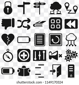 Set Of 25 icons such as Server, Exit, Lines, Reading, Battery, Rewind, Restart, Controls, Compass, Dislike, Street, , web UI transparent icon pack, pixel perfect