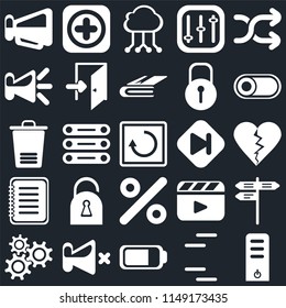 Set Of 25 icons such as Server, Lines, Battery, Mute, Settings, Switch, Skip, Percent, Note, Speaker, Cloud computing, Add, web UI editable icon pack, pixel perfect