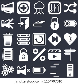 Set Of 25 icons such as Server, Lines, Battery, Mute, Settings, Switch, Skip, Percent, Note, Speaker, Cloud computing, Add on black background, web UI editable icon pack