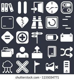 Set Of 25 icons such as Server, Mute, Flag, Multiply, Cloud computing, Lines, Battery, Upload, Folder, Frame, Exit, Pause on black background, web UI editable icon pack