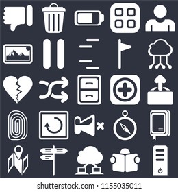 Set Of 25 icons such as Server, Reading, Cloud computing, Street, Map, Add, Mute, Fingerprint, Photos, Battery, Garbage on black background, web UI editable icon pack