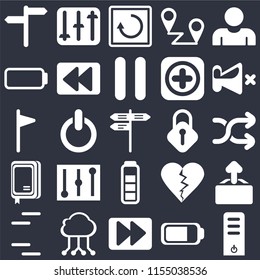 Set Of 25 icons such as Server, Battery, Fast forward, Cloud computing, Lines, Mute, Lock, Notebook, Restart, Controls on black background, web UI editable icon pack