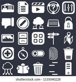 Set Of 25 icons such as Server, Lines, Garbage, Reading, Cloud computing, Locked, Street, Switch, Add, Dislike, Video player, Notepad on black background, web UI editable icon pack