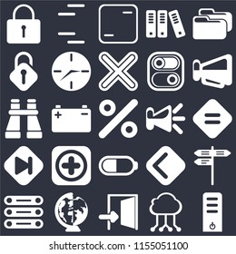 Set Of 25 icons such as Server, Cloud computing, Exit, Worldwide, Database, Megaphone, Speaker, Battery, Skip, Unlocked, Frame, Lines on black background, web UI editable icon pack