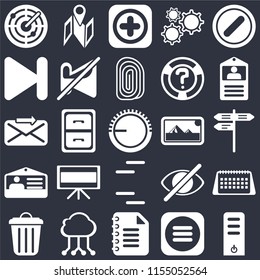 Set Of 25 icons such as Server, Menu, Notepad, Cloud computing, Garbage, Id card, Photos, Lines, Next, Add, Map on black background, web UI editable icon pack