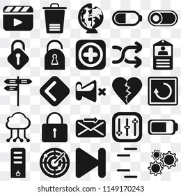 Set Of 25 icons such as Settings, Lines, Next, Radar, Server, Id card, Dislike, Send, Cloud computing, Unlocked, Worldwide, Trash, web UI transparent icon pack, pixel perfect