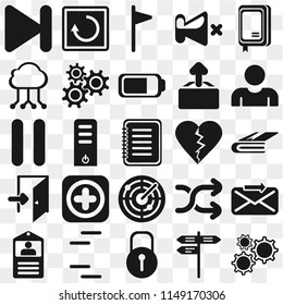 Set Of 25 icons such as Settings, Street, Locked, Lines, Id card, User, Dislike, Radar, Exit, Cloud computing, Flag, Restart, web UI transparent icon pack, pixel perfect