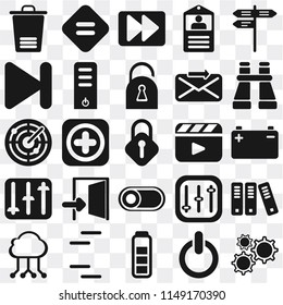 Set Of 25 icons such as Settings, Switch, Battery, Lines, Cloud computing, Binoculars, Video player, Controls, Next, Fast forward, Equal, web UI transparent icon pack, pixel perfect