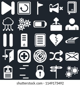 Set Of 25 icons such as Settings, Street, Locked, Lines, Id card, User, Dislike, Radar, Exit, Cloud computing, Flag, Restart, web UI editable icon pack, pixel perfect