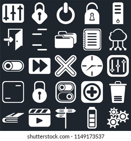 Set Of 25 icons such as Settings, Battery, Street, Video player, Notebook, Cloud computing, Clock, Switch, Frame, Exit, Lock, web UI editable icon pack, pixel perfect