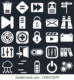 Set Of 25 icons such as Settings, Switch, Battery, Lines, Cloud computing, Binoculars, Video player, Controls, Next, Fast forward, Equal, web UI editable icon pack, pixel perfect