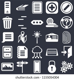 Set Of 25 icons such as Settings, Locked, Smartphone, Street, Photos, Help, Id card, Cloud computing, Archive, Garbage, Note, Notebook on black background, web UI editable icon pack