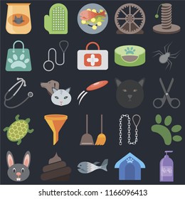 Set Of 25 icons such as Shampoo, Pet house, Fish, Poop, Rabbit, Spider, Cat, Dustpan, Turtle, Shopping bag, Fish food, Glove on black background, web UI editable icon pack