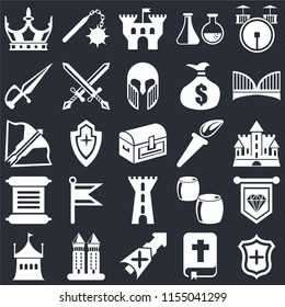 Set Of 25 icons such as Shield, Bible, Lance, Tower, Tent, Bridge, Torch, Scroll, Dagger, Castle, Morning star on black background, web UI editable icon pack