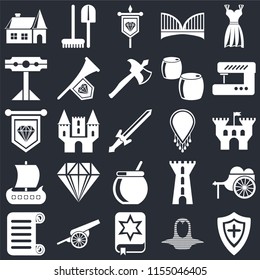 Set Of 25 icons such as Shield, Coif, Spellbook, Cannon, Scroll, Sewing machine, Necklace, Cauldron, Viking ship, Pillory, Banner, Tools on black background, web UI editable icon pack