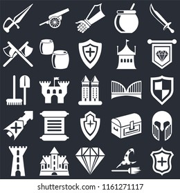 Set Of 25 icons such as Shield, Witch, Jewelry, Castle, Tower, Standard, Bridge, Lance, Axes, Gauntlet, Cannon on black background, web UI editable icon pack