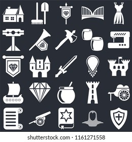 Set Of 25 icons such as Shield, Coif, Spellbook, Cannon, Scroll, Sewing machine, Necklace, Cauldron, Viking ship, Pillory, Banner, Tools on black background, web UI editable icon pack