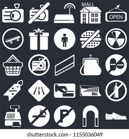 Set Of 25 icons such as Shoes, Magnet, No parking, smoking, Cashier machine, Radiation, Purse, Card payment, Discount, Skateboard, Wifi, camera on black background, web UI editable icon pack