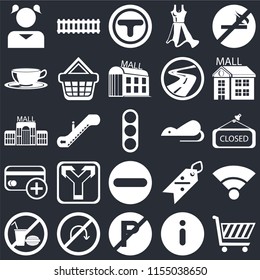Set Of 25 icons such as Shopping cart, Information, No parking, turn, food, Mall, Rats, Forbidden, Cit card, Coffee cup, Junction, Train on black background, web UI editable icon pack